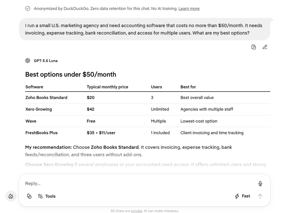 Duck.ai recommends Zoho Books, Xero, Wave, and FreshBooks for a small U.S. marketing agency under $50 per month