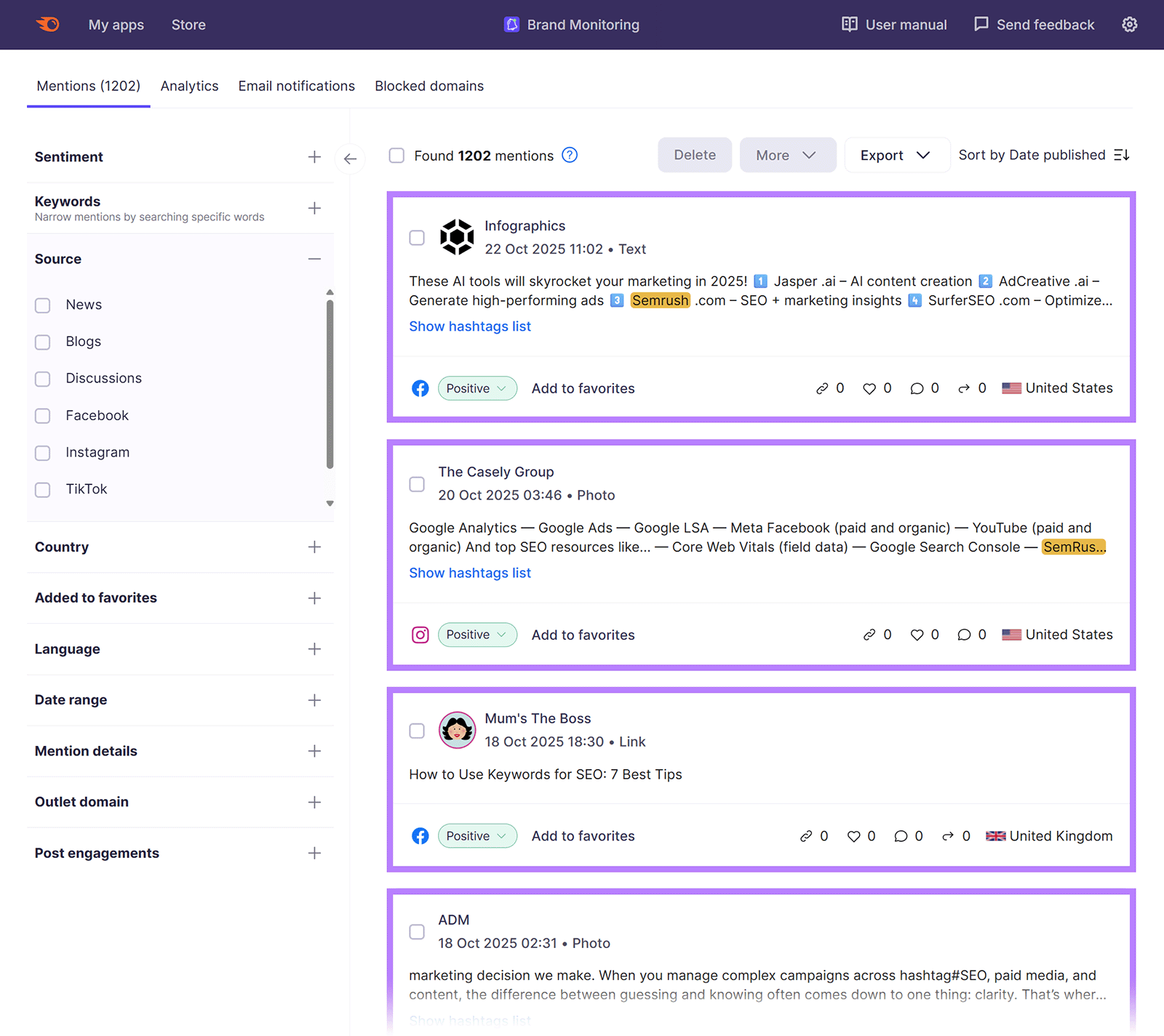 Brand Monitoring dashboard listing positive mentions from blogs and social media sources.